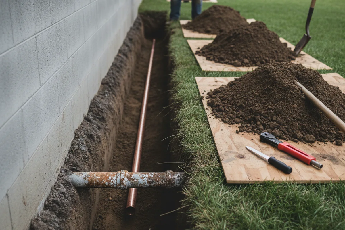Excavated water line trench during Sewer Line Repair in Blissfield